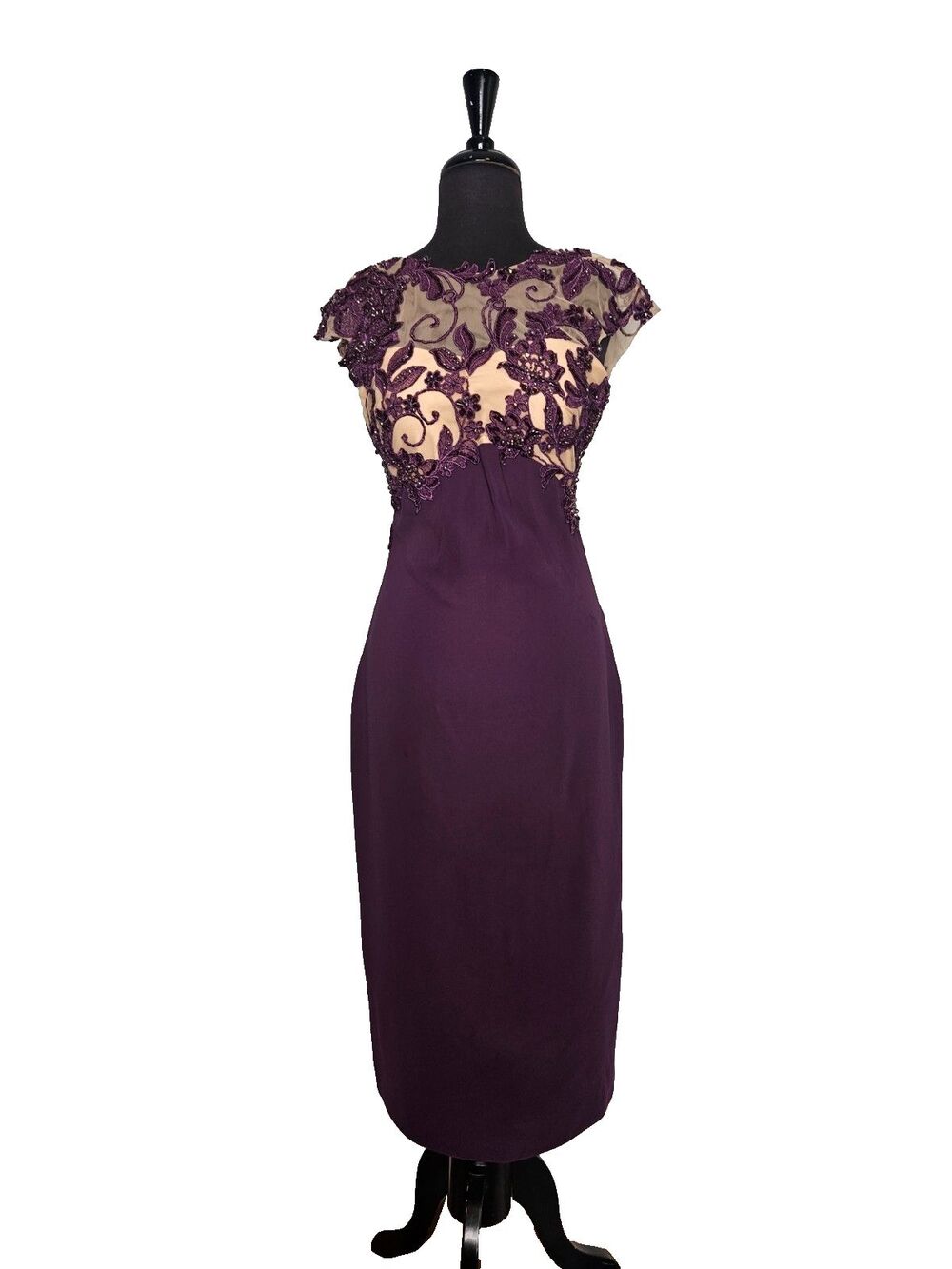 TARIK EDIZ Beaded Mesh Accent Midi Dress EUR 39 US 6 Purple Sheath Short Sleeve